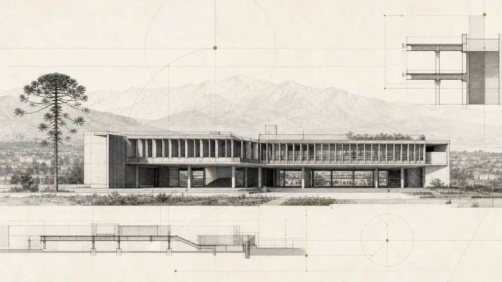 Imagen editorial de arquitectura y paisaje inspirada en el Edificio CEPAL para el programa De estudiante a arquitecto en Chile.