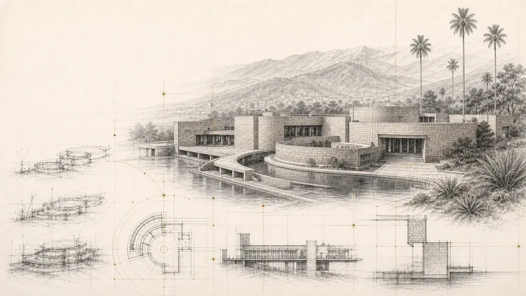 Imagen editorial de arquitectura y paisaje inspirada en la Biblioteca Virgilio Barco para el programa De estudiante a arquitecto en Colombia.