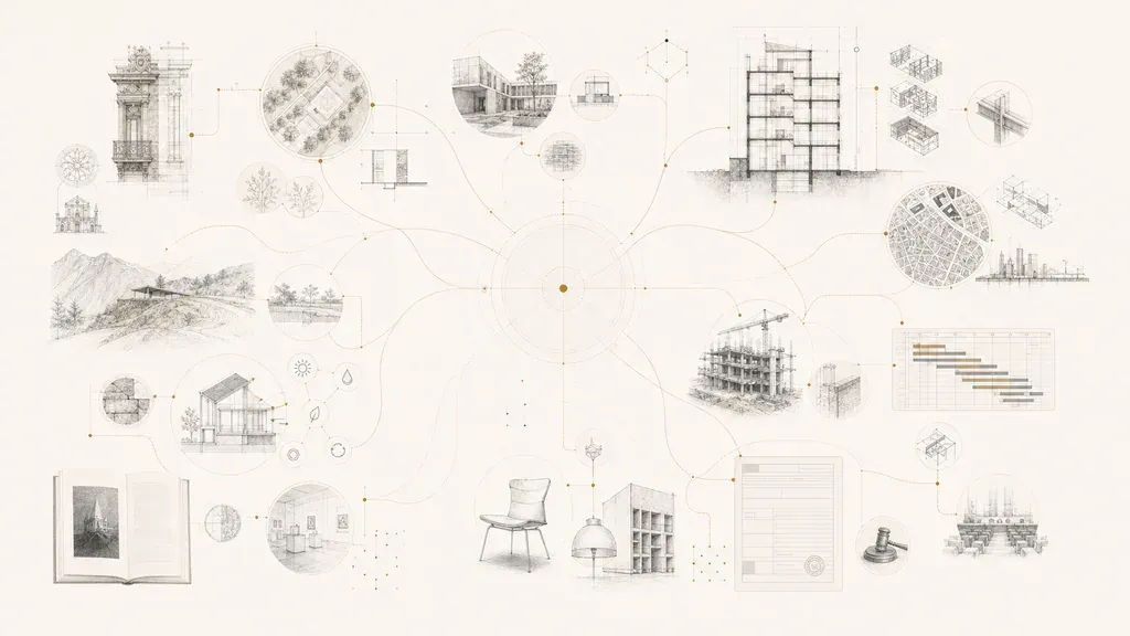 Red de perfiles profesionales de arquitectura representados con artefactos técnicos y nodos conectados.